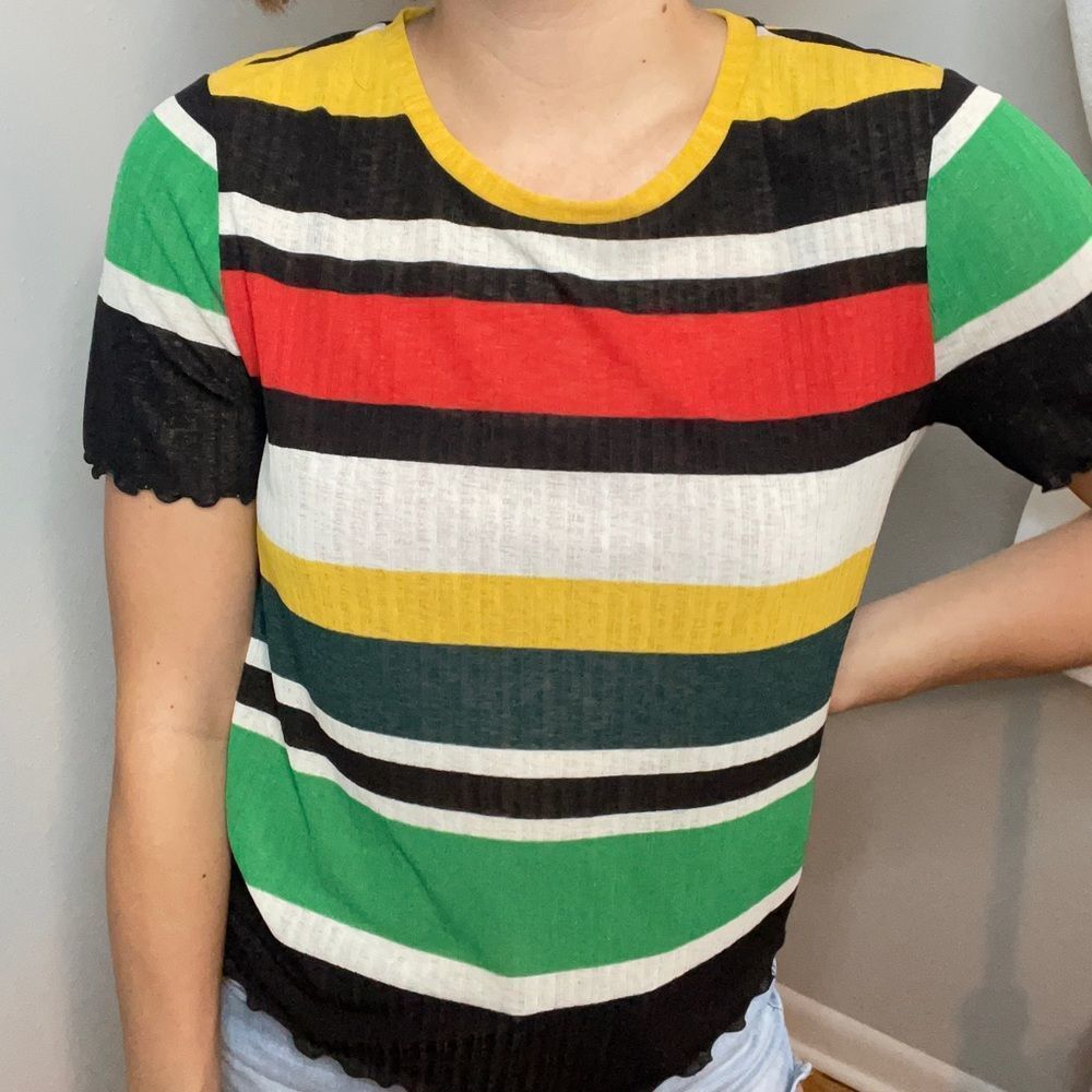 Nine West Striped Lightweight Lettuce Edge Blouse